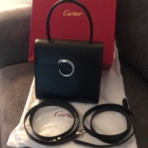 Authentic black leather Cartier handbag with two interchangeable straps